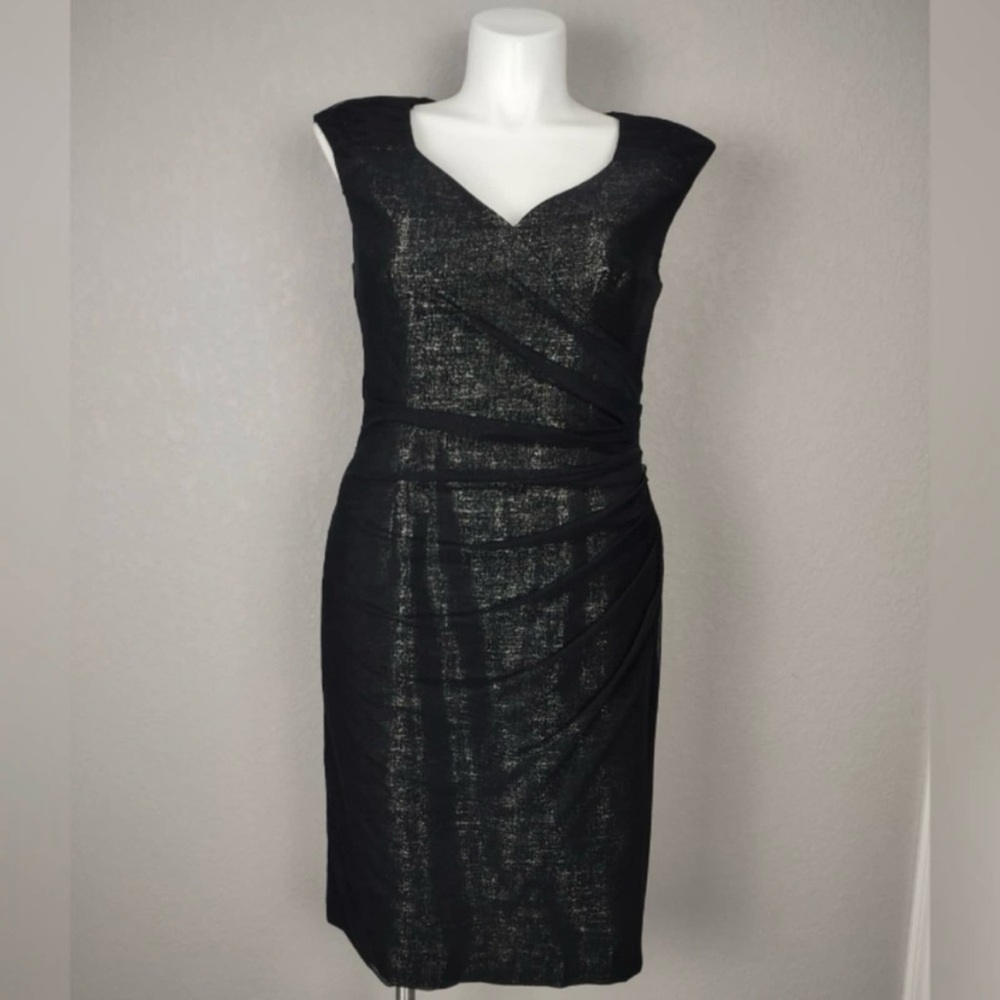 Adrianna Papell Mesh Overlay Metallic Sleeveless Cocktail Dress Size 12 Black
